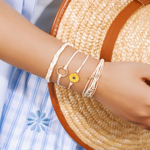 Sunflower Friendship Bracelets Boho Stackable String Bracelets Cute Trendy Gifts for Teen Girls Women - color: Ivory