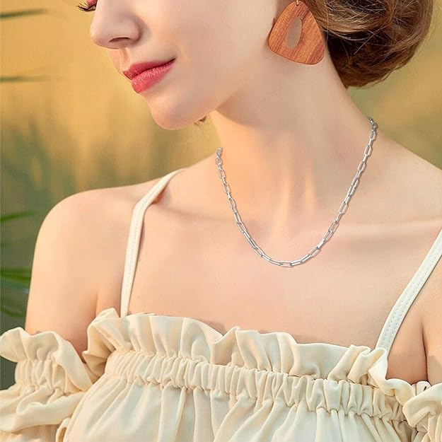 Stainless Steel Dainty Paperclip Link Chain Necklace for Women - color: Silver