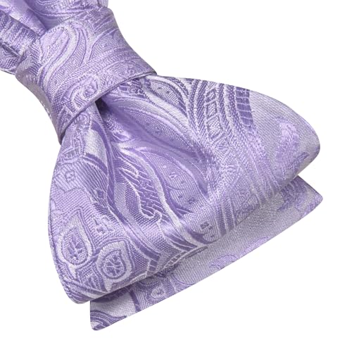 Hi-Tie 5Pcs Mens Solid Color Silk Tie Satin Pretied Bowtie Lapel Pin for Men Handkerchief Cufflink Wedding Gift Box - color: Lavender Purple-self Tie