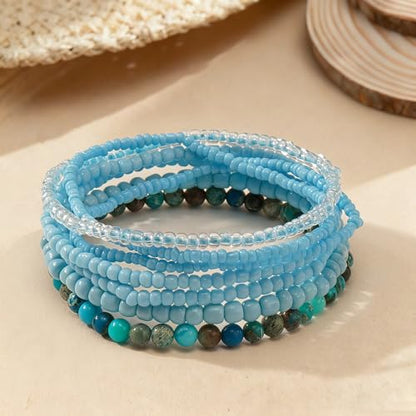 Handmade Stackable Rice Seed Beaded Ball Bracelets set for women, Romantic Boho Trendy Acrylic Glass Stretch Accessories Multi Layer Jewelry, Daily Wear Party Holiday Friendship Gift - color: Blue