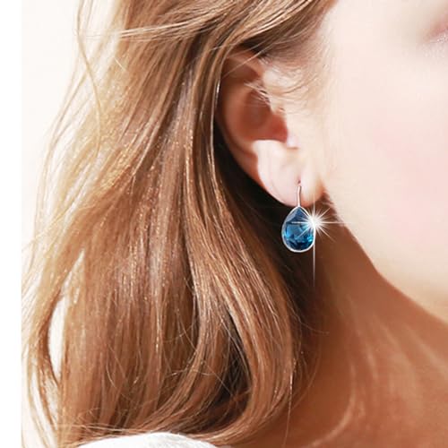 Xuping Jewelry Huggies Crystal Teardrop Earrings for Women Clear Crystals Leverback Silver Earring Fashion Party Jewelry Gifts - color: Navy Blue