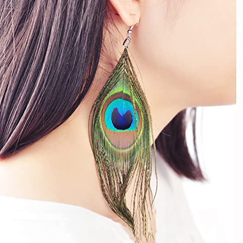 Peacock Feather Earrings for Women Native Handmade Lightweight Long Peacock Feather Boho Hook Earring Prom Party Festival Jewelry - color: Peacock Feather