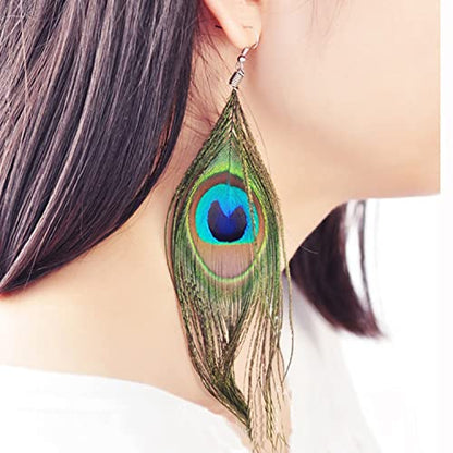 Peacock Feather Earrings for Women Native Handmade Lightweight Long Peacock Feather Boho Hook Earring Prom Party Festival Jewelry - color: Peacock Feather