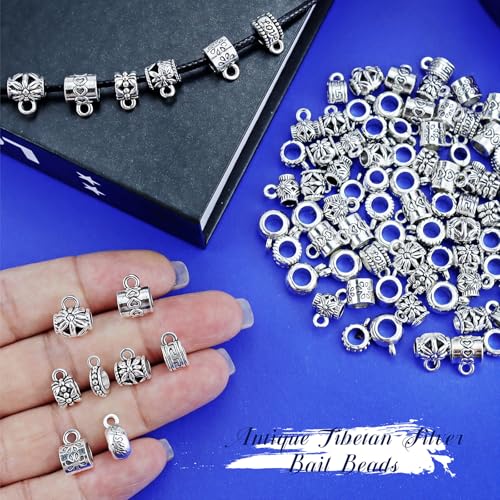 YETOOME 100 Pcs Antique Tibetan Silver Bail Beads, Loose Spacer Bead, Bead Hanger Charm for Jewelry Making DIY Necklace Bracelet, 10 Styles