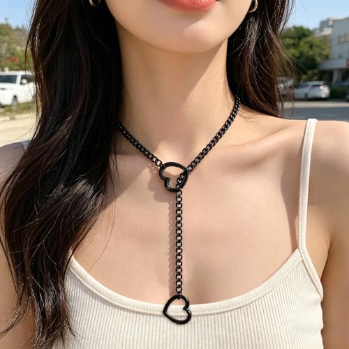 Choker Necklace for Women Gothic Goth Stainless Steel Slip Chain Chunky Long Drop Mens Punk Necklace Jewelry Gift - style: Black Heart