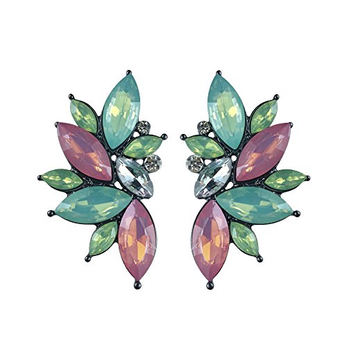 80s Funky Punk Rock Spiky Starburst Angel Wings Oversized Colorful Stones Studded Candy Cluster Women Statement Stud Earrings - color: Jade Green and Pink