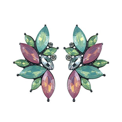 80s Funky Punk Rock Spiky Starburst Angel Wings Oversized Colorful Stones Studded Candy Cluster Women Statement Stud Earrings - color: Jade Green and Pink