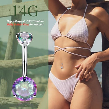 FUNLMO 14G Belly Button Ring Titanium Belly Button Piercing Belly Ring Internally Threaded Navel Piercing Jewelry - color: Silver-Vitrail Medium CZ