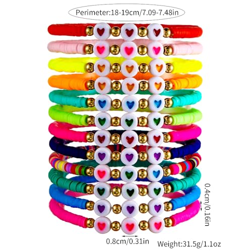 Heishi Surfer Clay Bead Bracelets Set for Women - Preppy Smile Evil Eye Beaded Stretch Bracelets Elastic Layering Friendship Bracelets- Stackable Boho Disc Summer Jewelry Set - color: 12PC-3heart-B
