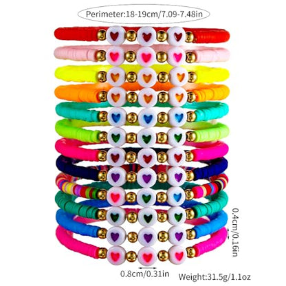 Heishi Surfer Clay Bead Bracelets Set for Women - Preppy Smile Evil Eye Beaded Stretch Bracelets Elastic Layering Friendship Bracelets- Stackable Boho Disc Summer Jewelry Set - color: 12PC-3heart-B