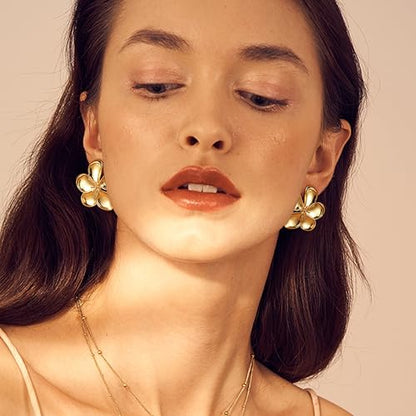 Gold Clip On Earrings for Women Trendy Non Piercing Flower Dangle Earrings Floral Earring 14K Gold Plated Lightweight Earrings for Non-Pierced Ears Fake Earrings Set - style: Flower Earrings