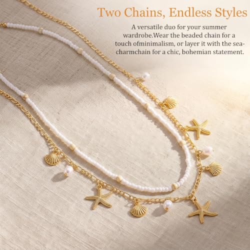 Women Layer Beaded Belly Chain Gold Plated Ocean Charm Waist Chain with Pearl Starfish Seashell Pendant, Adjustable Boho Bikini Body Jewelry for Summer Beach Pool Party Vacation