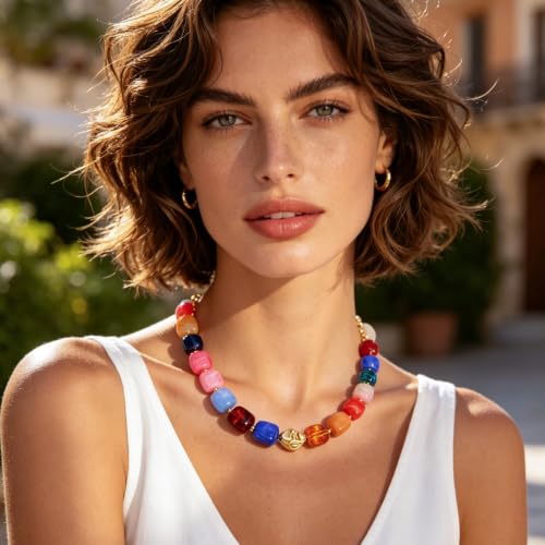 Chunky Beaded Necklace for Women,Square Resin beads boho Choker Necklace with gold-tone spacers,Fashion Trendy Summer Beach Party Necklaces Handmade Surfer Beach Necklaces Jewelry Gifts - color: Colorful