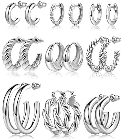 Adoyi 9 Pairs Gold Hoop Earrings Set for Womens Twisted Huggie Hoops Earrings 14K 18K Gold Plated for Girls Valentines Mother's Day Birthday Gifts Lightweight - color: 14K White Gold