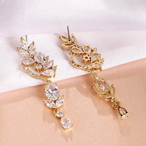 CZ Bridal Earrings for Wedding - 14k Plated Sterling Silver Elegant Teardrop Cubic Zirconia Crystal Rhinestone Floarl Leaf Cluster Chandelier Statement Dangle Drop Earrings for Bride Bridesmaids Party - color: Floral - Gold
