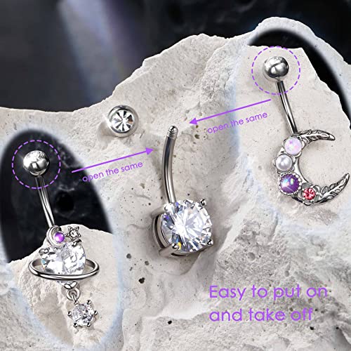 Jewseen 3PCS Belly Button Ring Dangle Surgical Steel Zircon Opal Moon Star Planet Space Design Navel Ring 14G Curved Barbell Fashion Piercing Jewelry - color: moon