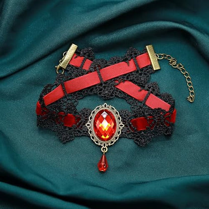 AILUOR Punk Rock Wedding Party Handmade Black Lace Choker, Gothic Retro Lolita Beads Chain Vampire Pendant Necklace for Women Halloween - color: Red