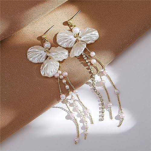 Seashell Pearl Stud Earrings for Women Ocean Sea Theme Sweet Double Layer Acrylic Shell Lightweight Dangle Drop Earrings for Summer Beach Holiday Halloween Party Jewelry Accessories - color: Long pearl shell earrings
