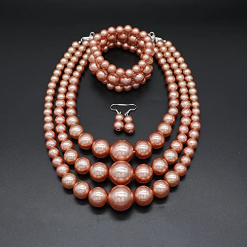 Big Chunky Pearl Necklace and Earrings Set Large Costume 1920s Faux Pearls Gatsby Accessories - color: A-Champagne pearl necklace set
