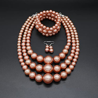 Big Chunky Pearl Necklace and Earrings Set Large Costume 1920s Faux Pearls Gatsby Accessories - color: A-Champagne pearl necklace set