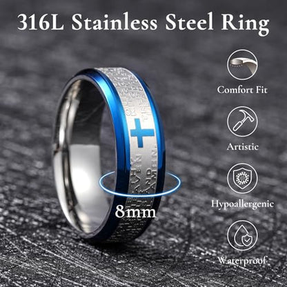 King Will Stainless Steel Men Ring Lord's Prayer Cross Ring Stainless Steel Men Wedding Ring, Wedding Band Bible Engraved Rings High Polished, Comfort Fit | 8mm, Gold/Silver/Black Wedding Band, Bible Engraved Rings, High Polished, Comfort Fit, Size 7-14 -
