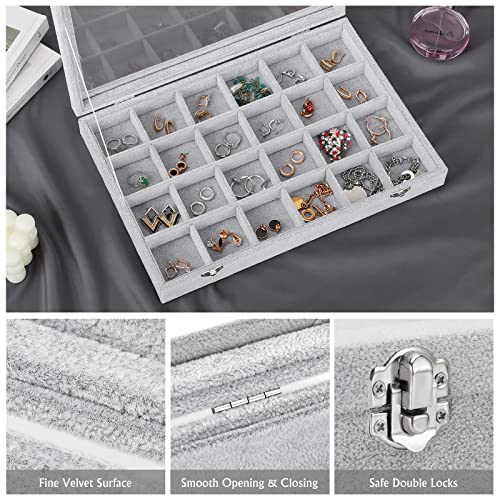 Emibele Velvet Jewelry Organizer Box, 24 Grids with Clear Lid Rings Earrings Bracelets Necklace Organizer Tray Showcase Display Jewelry Storage Case, Grey - style: K2- 24 Grids with Lid