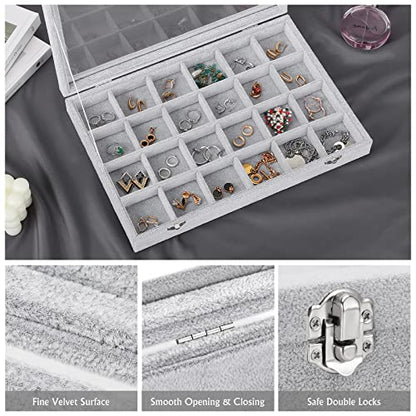 Emibele Velvet Jewelry Organizer Box, 24 Grids with Clear Lid Rings Earrings Bracelets Necklace Organizer Tray Showcase Display Jewelry Storage Case, Grey | Rings Earrings Bracelets Necklace Organizer Tray Showcase Display Jewelry Storage Case with Detach