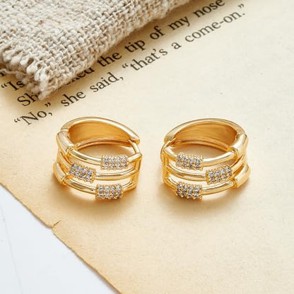 Huggie Hoop Earrings 14K Gold Plated Cubic Zirconia Dainty Simple Cute Beads Elegant CZ Circle Small Hoop Earring for Women Minimalist Handmade Hypoallergenic Jewelry - color: CZ-3 scattered