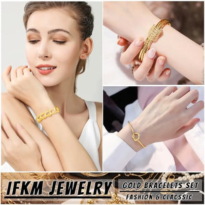 IFKM 6 PACK (24 PCS) Boho Gold Chain Bracelets Set for Women, 14K Gold Plated Multiple Layered Stackable Open Cuff Wrap Bangle Adjustable Link Italian Cuban Jewelry for Women Gift - style: 28pcs Gold Chain