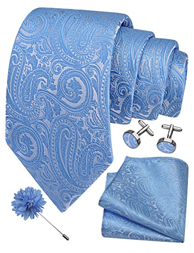 GUSLESON 3.15"（8cm） Mens Tie and Lapel Pin Paisley Necktie Hankerchief Cufflinks Set for Men - color: Light Blue