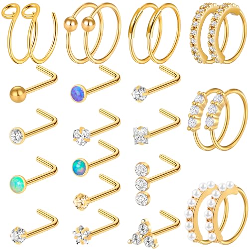 23-40 Pcs Gold Nose Rings & Studs - 18G & 20G Nose Piercing Jewelry - L Shape, Hoop & Screw Body Jewelry for Women & Men - color: Gold-E