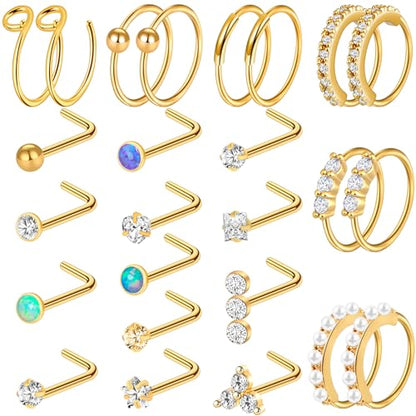 23-40 Pcs Gold Nose Rings & Studs - 18G & 20G Nose Piercing Jewelry - L Shape, Hoop & Screw Body Jewelry for Women & Men - color: Gold-E