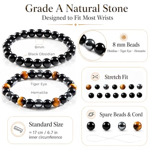 Triple Protection Bracelet Set, Healing Crystal Beaded Bracelets, Genuine Tiger Eye Black Obsidian Hematite, Gift for Men and Women, Natural Stone Jewelry for Grounding Energy and Stress Relief - color: Guardian Flow