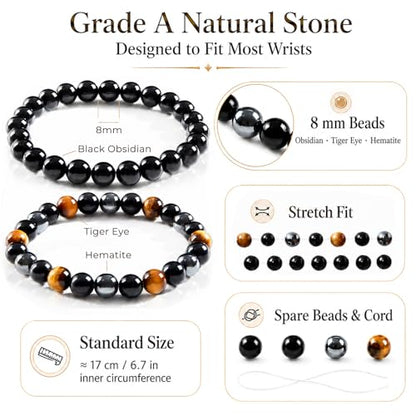 Triple Protection Bracelet Set, Healing Crystal Beaded Bracelets, Genuine Tiger Eye Black Obsidian Hematite, Gift for Men and Women, Natural Stone Jewelry for Grounding Energy and Stress Relief - color: Guardian Flow