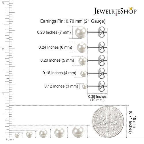 Jewelrieshop Faux Pearl Stud Earrings 5 Pairs, Stainless Steel Hypoallergenic Starter Set for Women - color: White