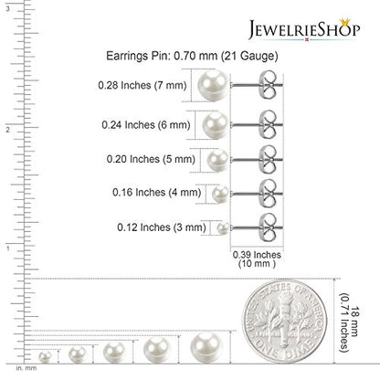 Jewelrieshop Faux Pearl Stud Earrings 5 Pairs, Stainless Steel Hypoallergenic Starter Set for Women - color: White