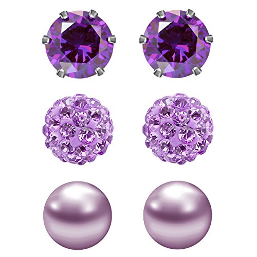 JewelrieShop Birthstone Studs Earring Set Cubic Zirconia Rhinestones Crystal Ball Faux Pearl Stainless Steel Stud Earrings for Women Jewelry Gift (6mm Round,3 Pairs) - color: 2) Feb. - Purple