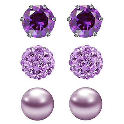 JewelrieShop Birthstone Studs Earring Set Cubic Zirconia Rhinestones Crystal Ball Faux Pearl Stainless Steel Stud Earrings for Women Jewelry Gift (6mm Round,3 Pairs) - color: 2) Feb. - Purple
