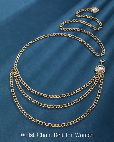 Chain Belt for Women Fashion Multilayer Metal Waist Chain Dress Belt Adjustable - size: Fit Waist Up to 53'', style: Diamond Gold