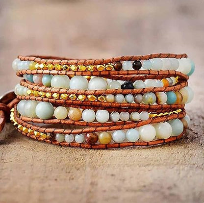 Boho Wrap Bead Bracelet for Women - Handmade Adjustable Natural Stone Beaded Bracelets Yoga Healing Bracelet Bangle Hippie Jewelry - color: Amazonite #2