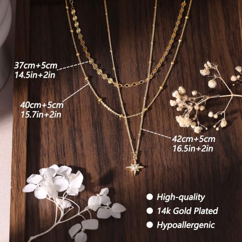 Ewrkbr Layered Necklaces for Women, Dainty Gold Necklace Stack 14k Gold Plated Layering Beaded Chain Choker Necklaces for Women Trendy Simple Disc Star Pendant Necklace Set Fashion Waterproof Jewelry - color: Gold-PP+Sun
