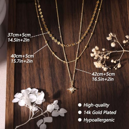Ewrkbr Layered Necklaces for Women, Dainty Gold Necklace Stack 14k Gold Plated Layering Beaded Chain Choker Necklaces for Women Trendy Simple Disc Star Pendant Necklace Set Fashion Waterproof Jewelry - color: Gold-PP+Sun