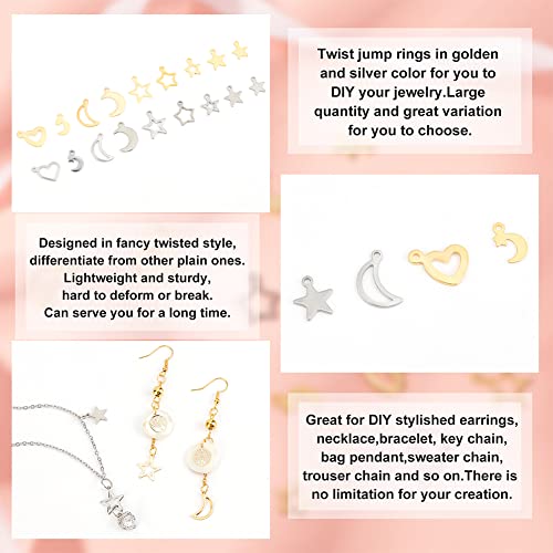 PH PandaHall 108pcs Moon Star Heart Charms, 18 Styles Stainless Steel Star Pendants Crescent Moon Romantic Charms Small Dangle Charm for Mother's Day Necklace Earrings Bracelet Jewelry Making