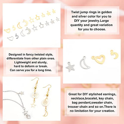 PH PandaHall 108pcs Moon Star Heart Charms, 18 Styles Stainless Steel Star Pendants Crescent Moon Romantic Charms Small Dangle Charm for Mother's Day Necklace Earrings Bracelet Jewelry Making