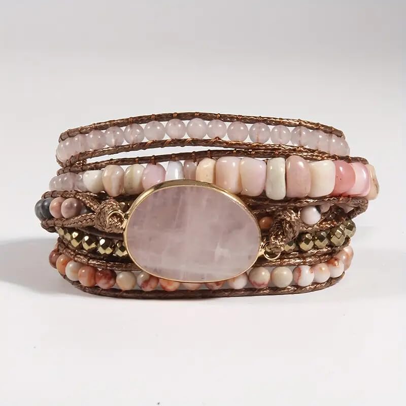 Women Wrap Bracelets Boho Natural Stone Jasper Turquoises Strand Bracelet Jewelry Collection - color: Pink 2