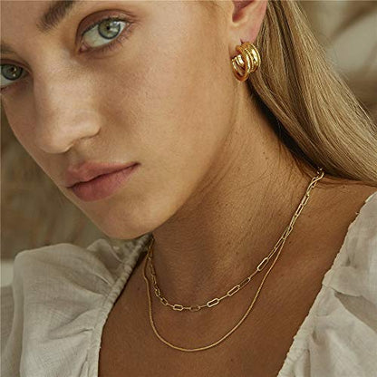 Turandoss Dainty Layered Choker Necklace, Handmade Y Pendant Necklace Multilayer Bar Disc Necklace Adjustable Layering Choker Necklaces for Women - style: 3PCS - Snake Chain&Link Chain&Evil Eye