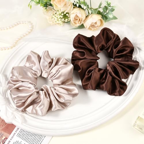 2 PCS Brown Jumbo Satin Silky Scrunchies 6.5 Inches Oversized Scrunchie Extra Large Big Hair Ties Ponytail Holder for Thick Curly Hair Women (Brown, Pink Taupe) - color: Brown, Pink Taupe