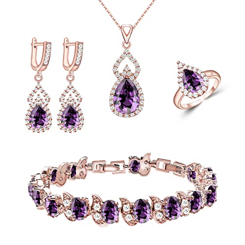 LMXXVJ Women Jewelry Set Platinum Plated Necklace Open Ring Earrings Bracelet Set,Birthday/Anniversary Mother’s Day Jewelry Gifts for Mom/Wife/Sister/Best Friend - color: Rose Gold-Purple