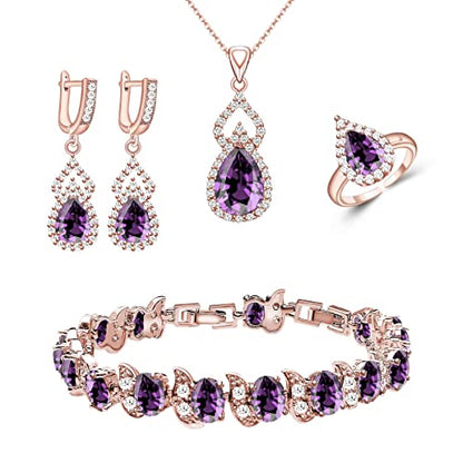 LMXXVJ Women Jewelry Set Platinum Plated Necklace Open Ring Earrings Bracelet Set,Birthday/Anniversary Mother’s Day Jewelry Gifts for Mom/Wife/Sister/Best Friend - color: Rose Gold-Purple