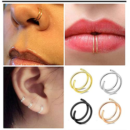 Renkovte Double Nose Ring for Single Piercing,20G Snug Spiral Nose Rings Hoops 8mm Thin Nose Piercing Jewelry for Women - style: Left Side 4PCS 8mm